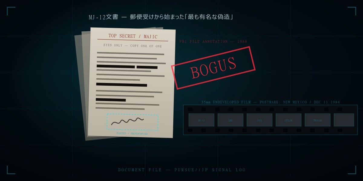 MJ-12文書——郵便受けに落ちた未現像フィルムが生んだ「最も有名な偽造文書」：貼り込まれた署名、国外にいた起草者、そして対情報作戦
